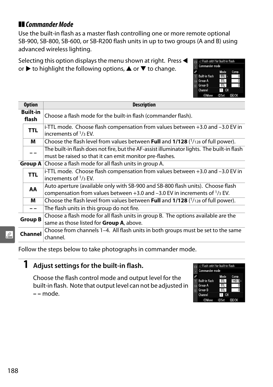 Commander mode, Adjust settings for the built-in flash | Nikon D90 User Manual | Page 208 / 300