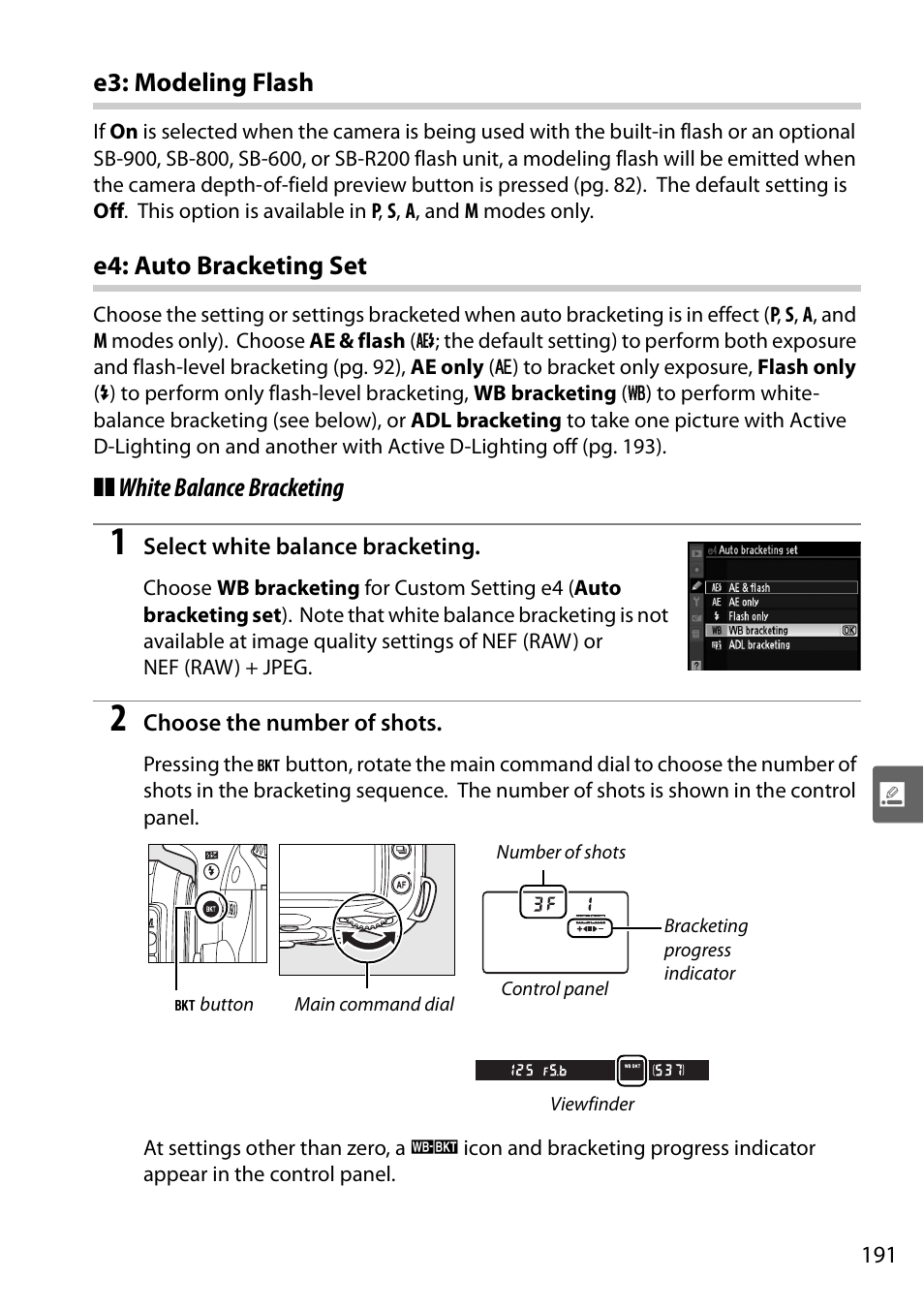 E3: modeling flash, E4: auto bracketing set | Nikon D90 User Manual | Page 211 / 300