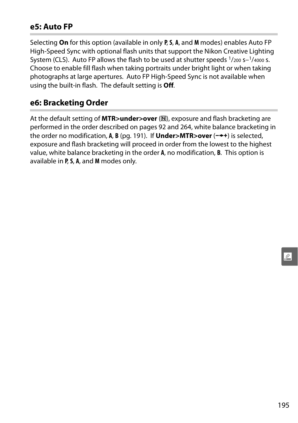 E5: auto fp, E6: bracketing order | Nikon D90 User Manual | Page 215 / 300