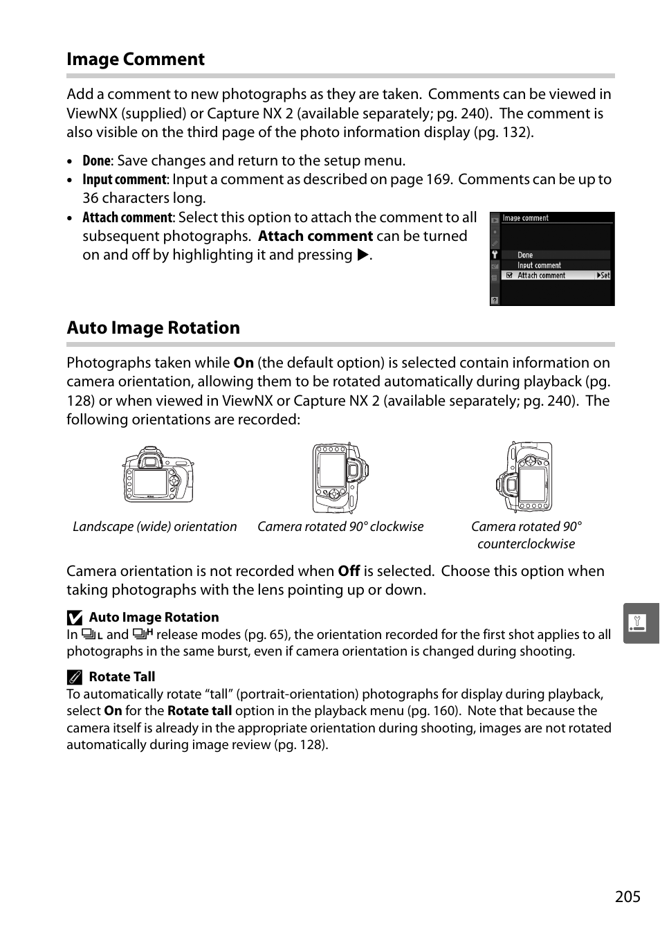 Image comment, Auto image rotation | Nikon D90 User Manual | Page 225 / 300