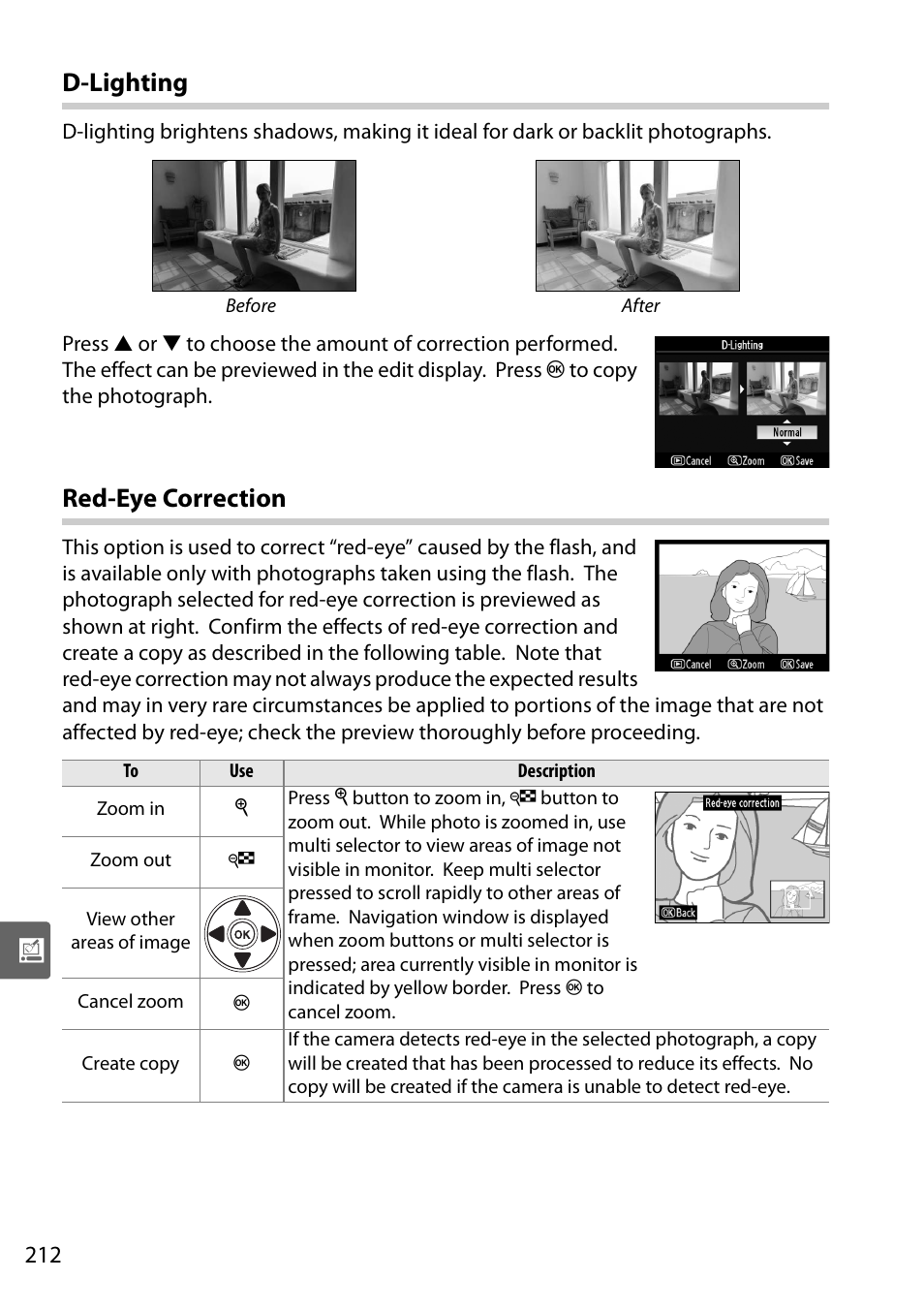 D-lighting, Red-eye correction | Nikon D90 User Manual | Page 232 / 300