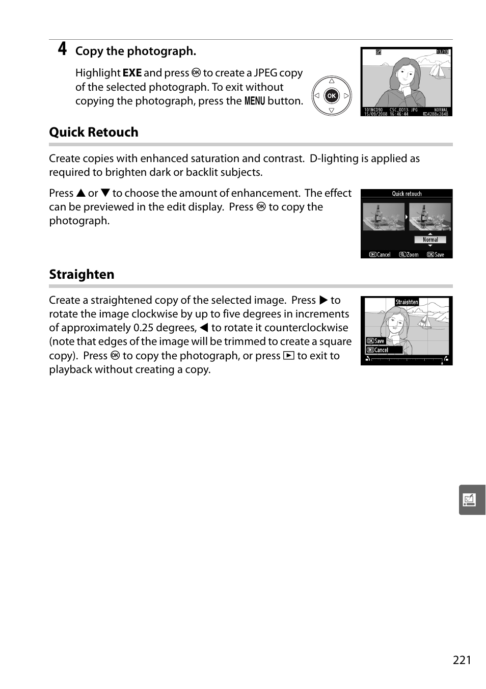 Quick retouch, Straighten | Nikon D90 User Manual | Page 241 / 300