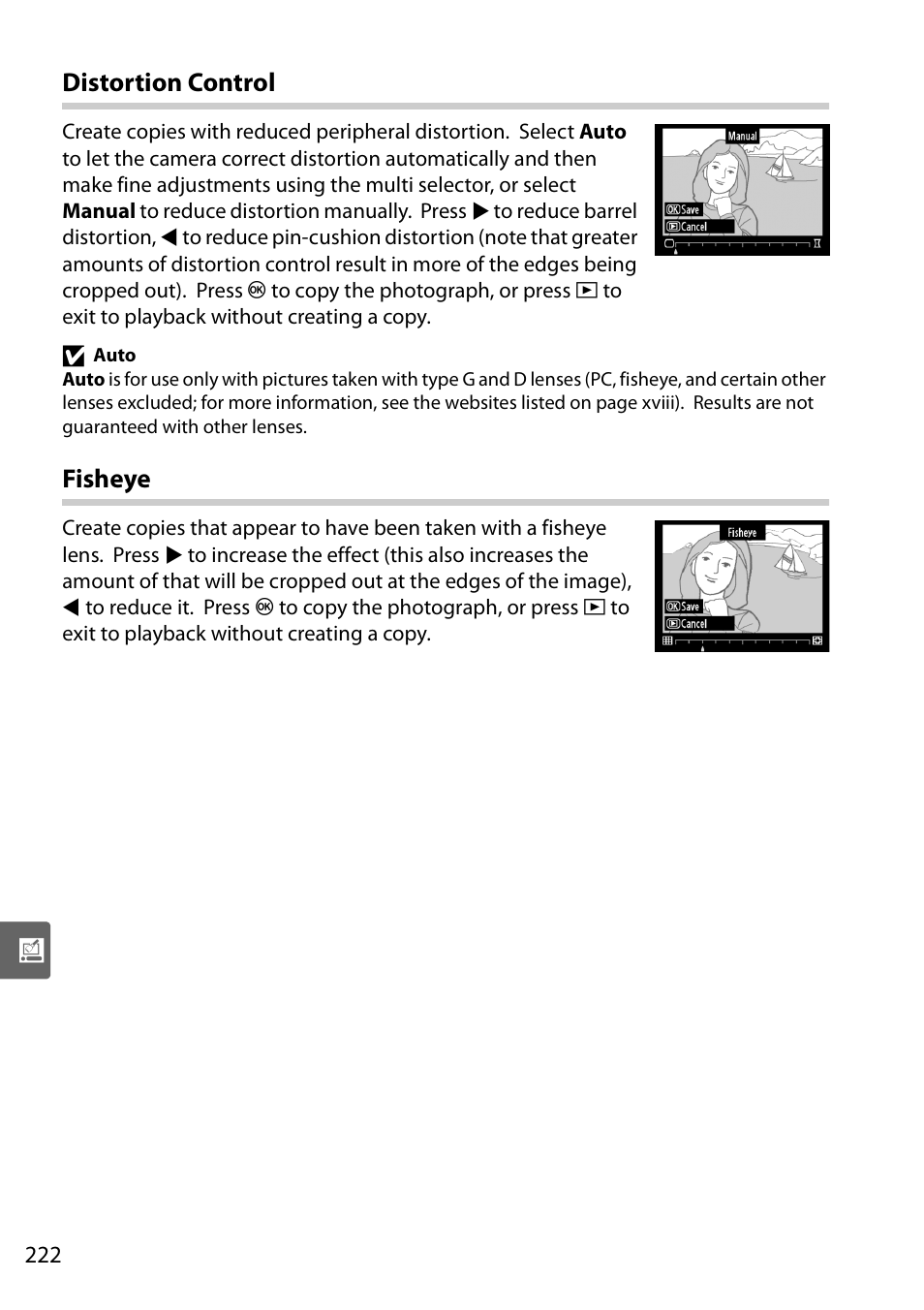 Distortion control, Fisheye | Nikon D90 User Manual | Page 242 / 300