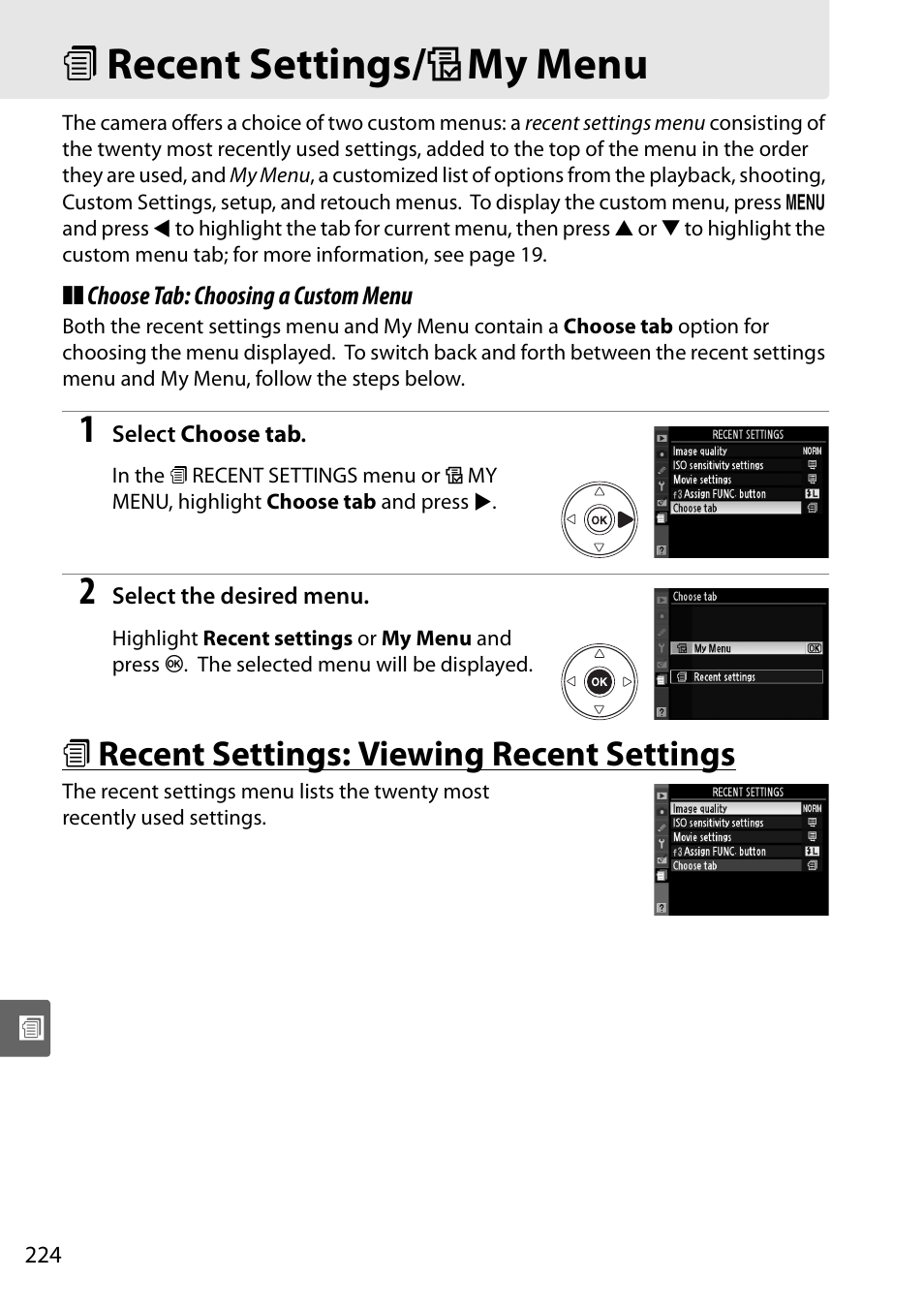 Recent settings/my menu, Recent settings: viewing recent settings, M recent settings/ o my menu | M recent settings: viewing recent settings | Nikon D90 User Manual | Page 244 / 300