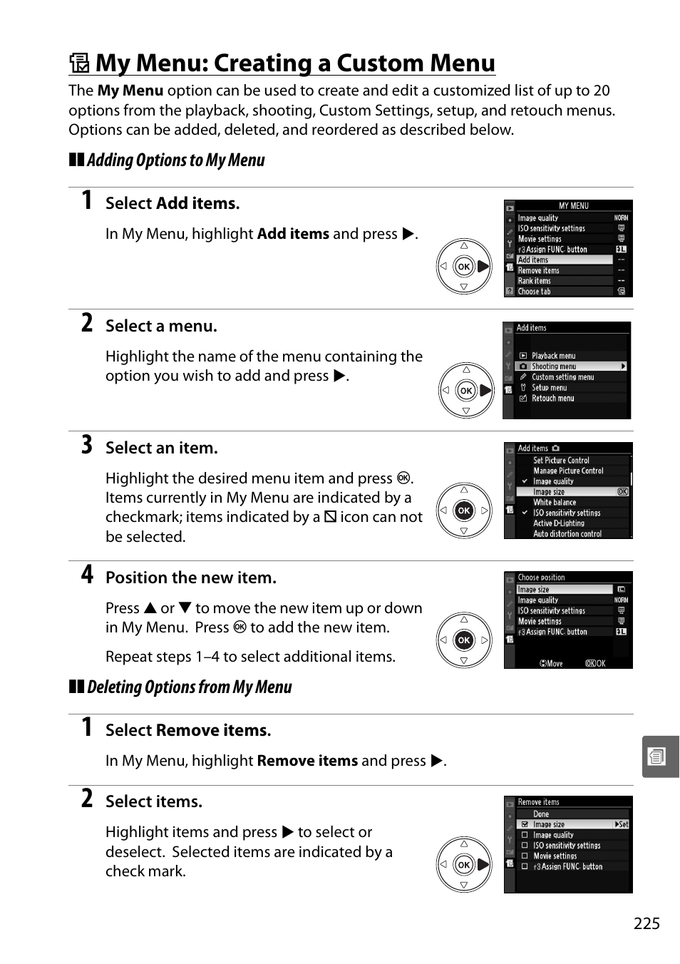 My menu: creating a custom menu, O my menu: creating a custom menu | Nikon D90 User Manual | Page 245 / 300