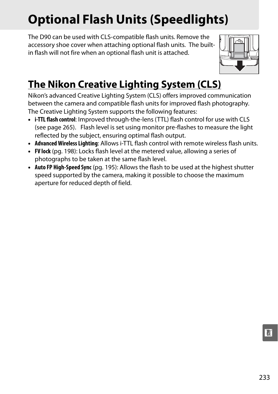 Optional flash units (speedlights), The nikon creative lighting system (cls) | Nikon D90 User Manual | Page 253 / 300