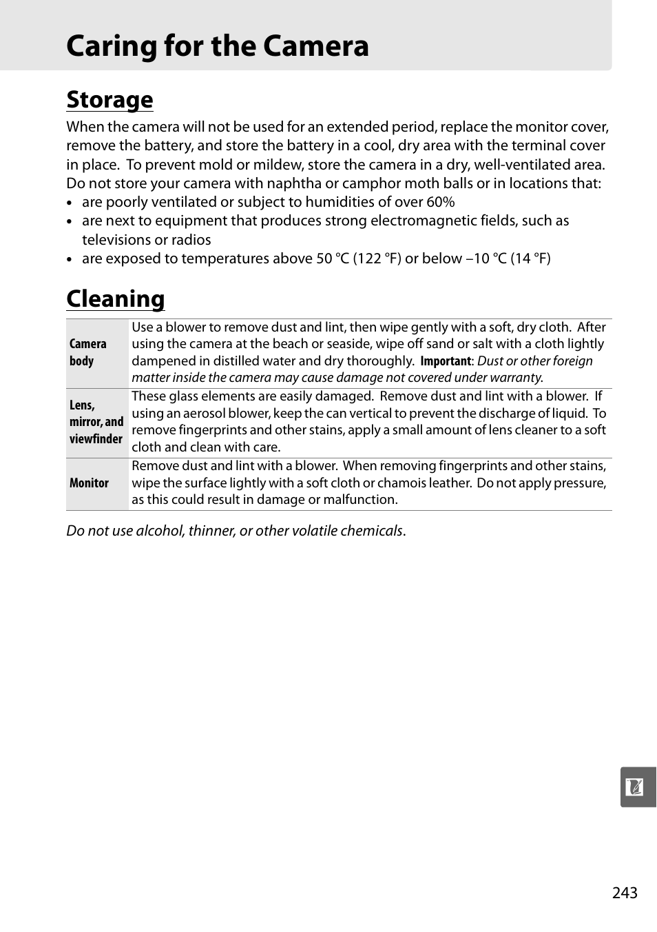 Caring for the camera, Storage, Cleaning | Nikon D90 User Manual | Page 263 / 300