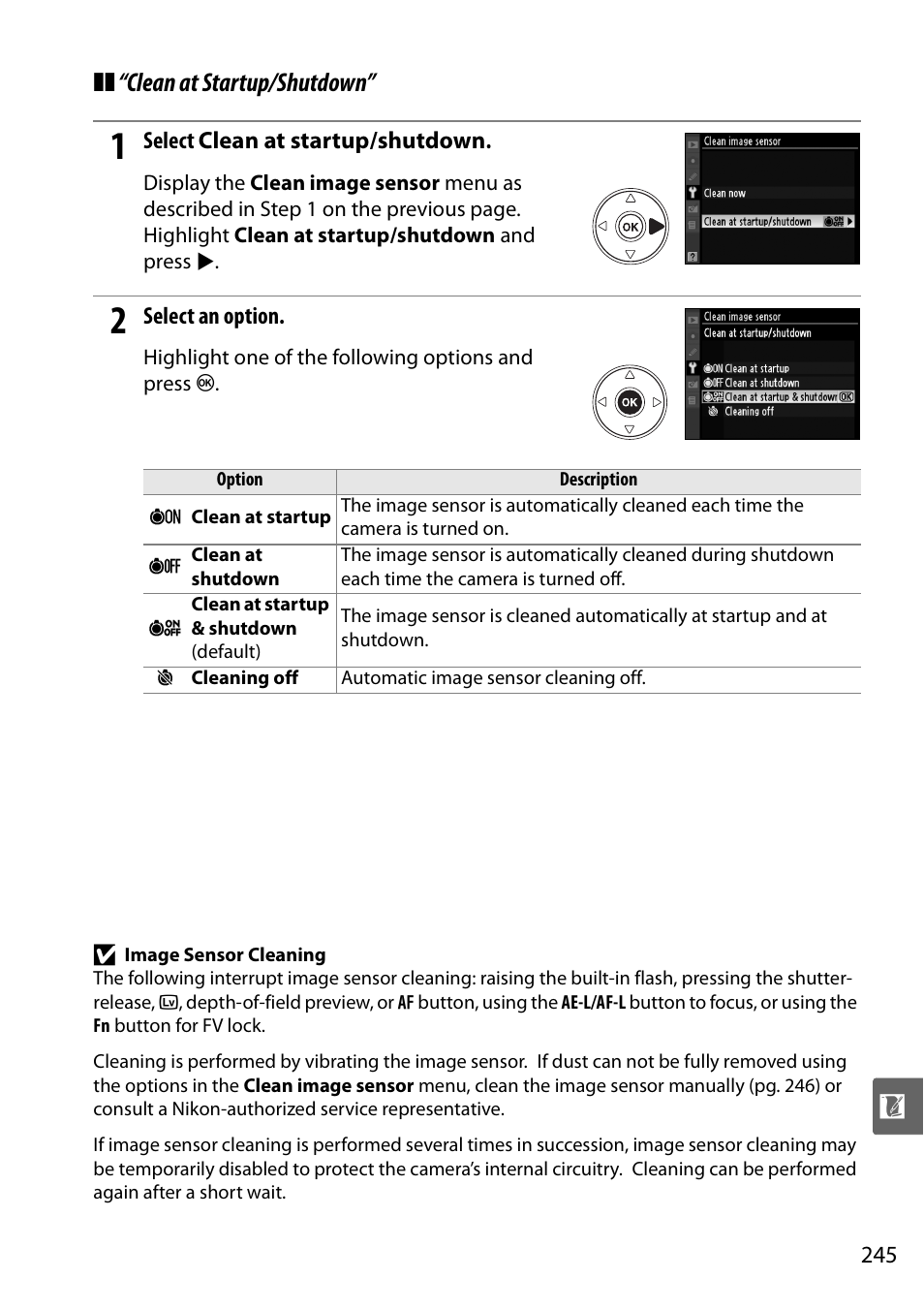 Clean at startup/shutdown | Nikon D90 User Manual | Page 265 / 300