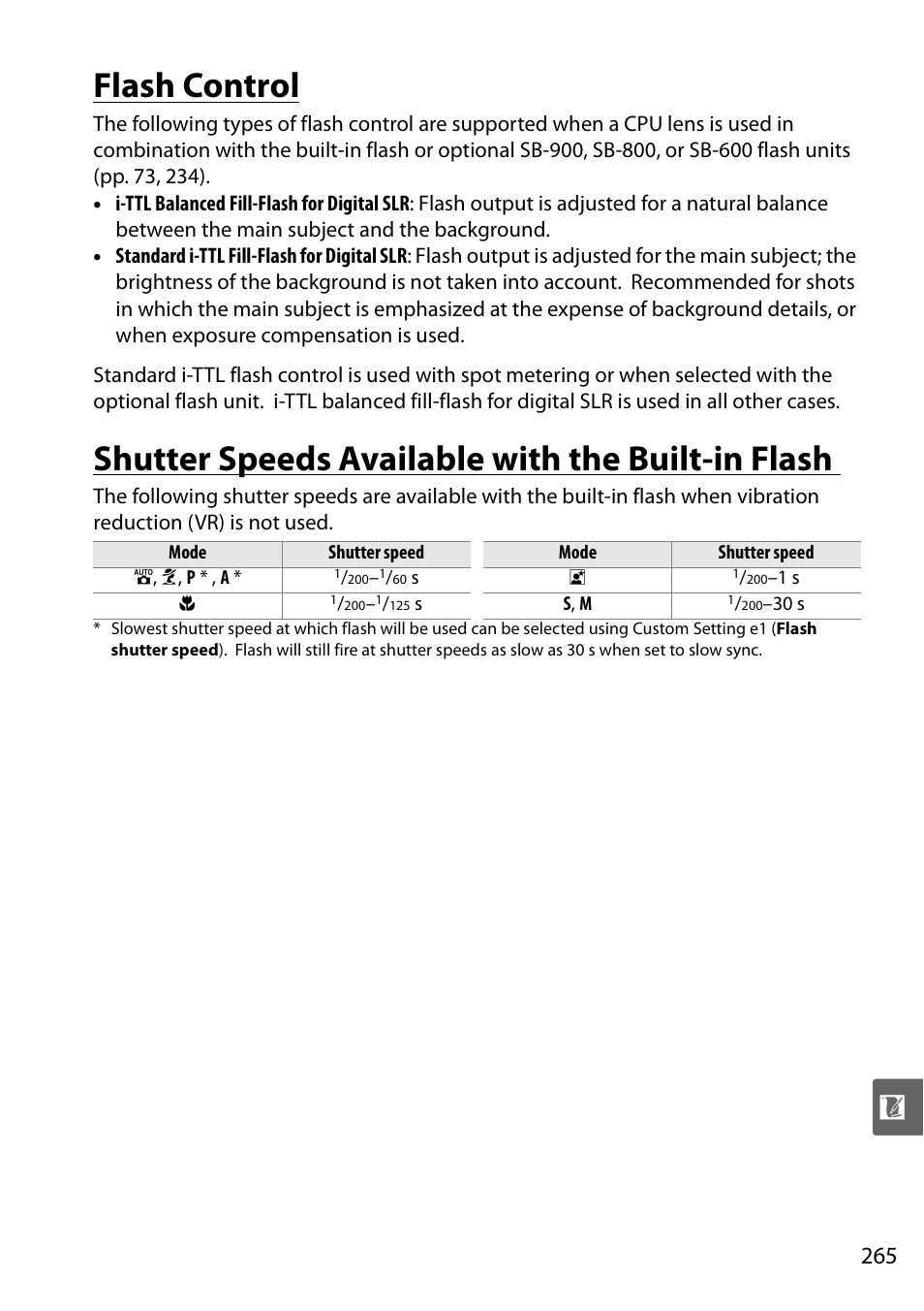 Flash control, Shutter speeds available with the built-in flash | Nikon D90 User Manual | Page 285 / 300