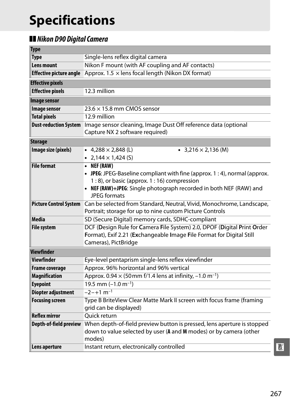 Specifications, Nikon d90 digital camera | Nikon D90 User Manual | Page 287 / 300