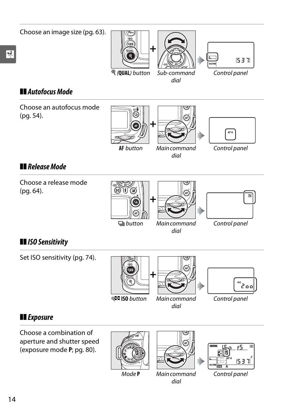 Autofocus mode, Release mode, Iso sensitivity | Exposure | Nikon D90 User Manual | Page 34 / 300