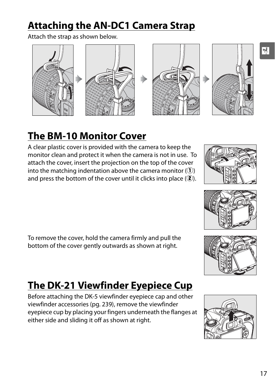 Attaching the an-dc1 camera strap, The bm-10 monitor cover, The dk-21 viewfinder eyepiece cup | Nikon D90 User Manual | Page 37 / 300
