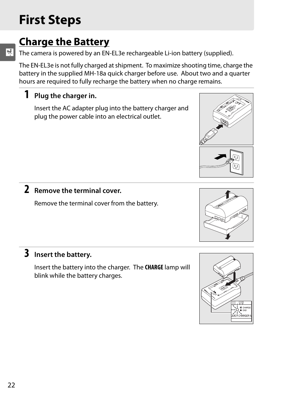 First steps, Charge the battery | Nikon D90 User Manual | Page 42 / 300