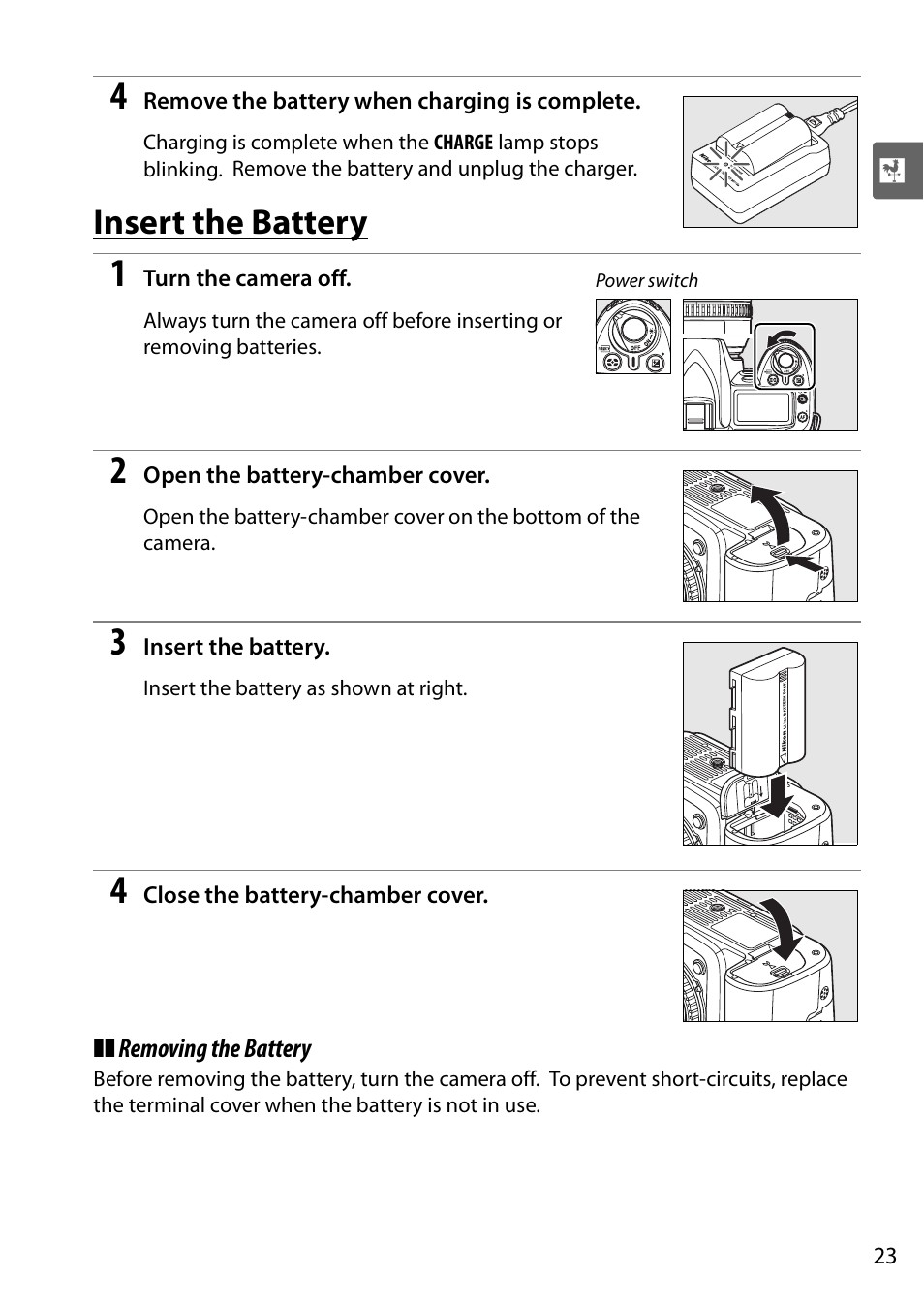 Insert the battery | Nikon D90 User Manual | Page 43 / 300