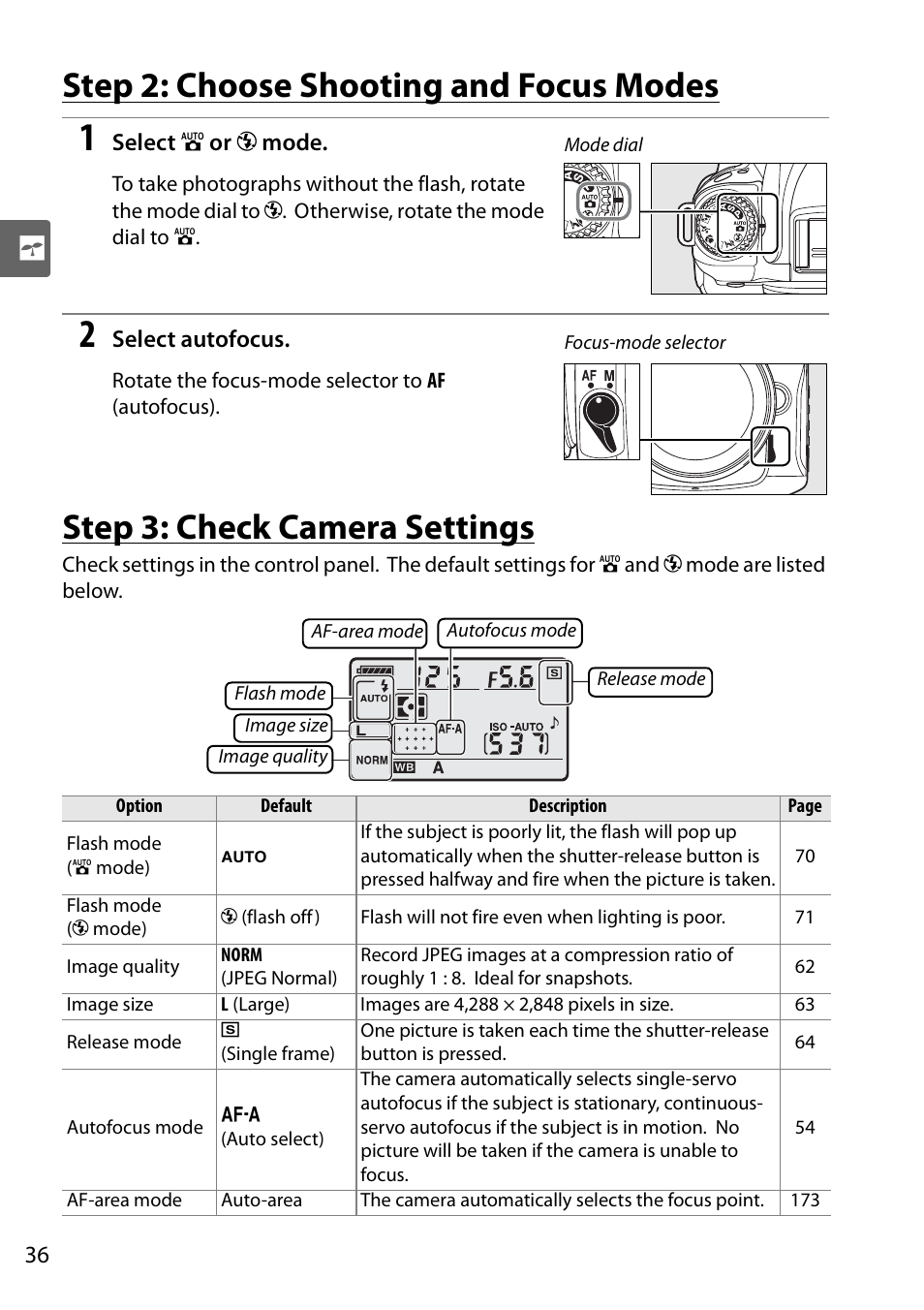 Step 2: choose shooting and focus modes, Step 3: check camera settings | Nikon D90 User Manual | Page 56 / 300