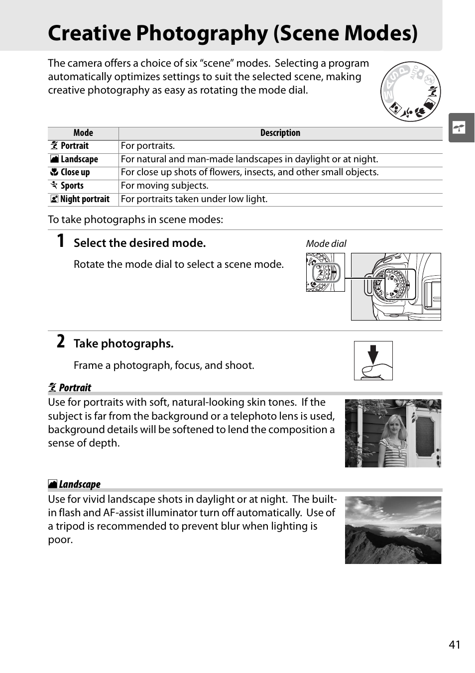 Creative photography (scene modes), Portrait, Landscape | Nikon D90 User Manual | Page 61 / 300