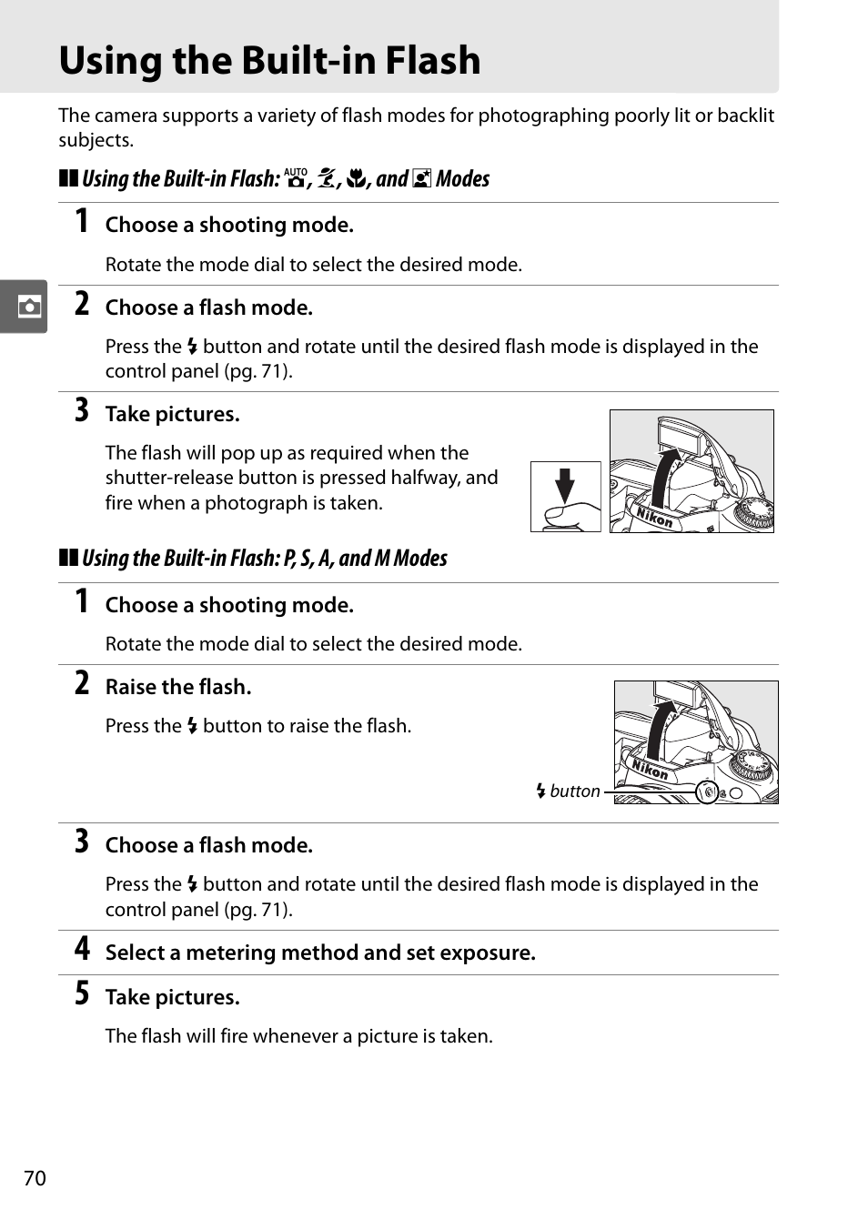 Using the built-in flash | Nikon D90 User Manual | Page 90 / 300