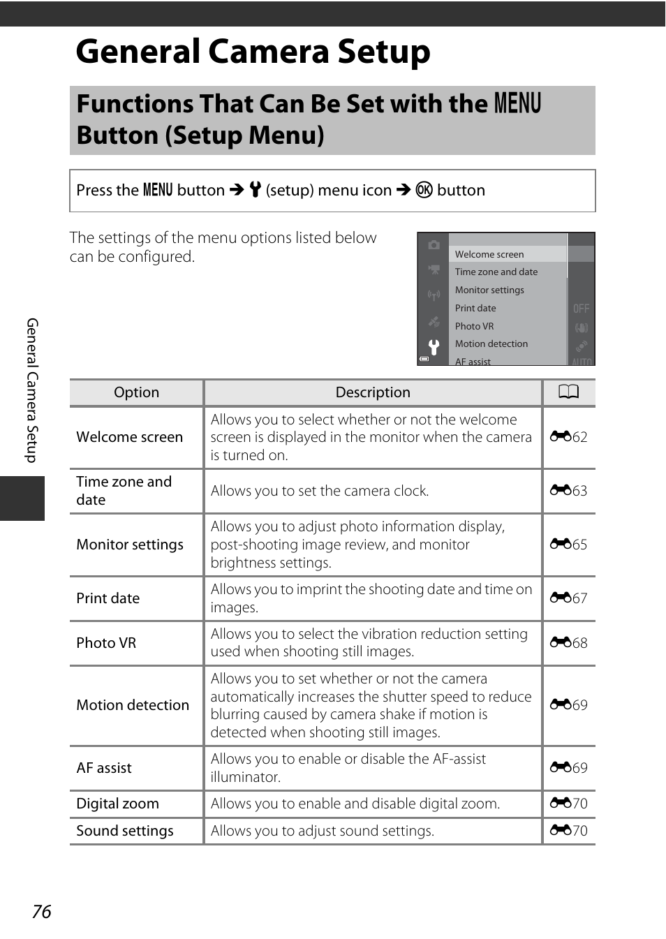 General camera setup, A76). care, Functions that can be set with the | D button (setup menu), A76) | Nikon AW120 User Manual | Page 106 / 270