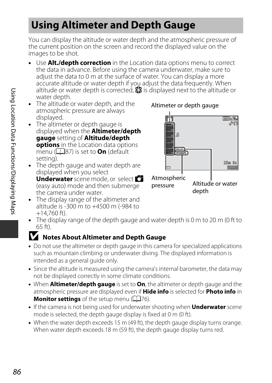 Using altimeter and depth gauge | Nikon AW120 User Manual | Page 116 / 270