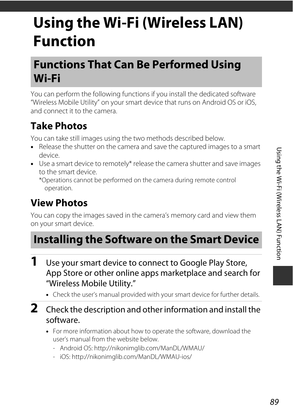 Using the wi-fi (wireless lan) function, Functions that can be performed using wi-fi, Take photos | View photos, Installing the software on the smart device, Take photos view photos | Nikon AW120 User Manual | Page 119 / 270