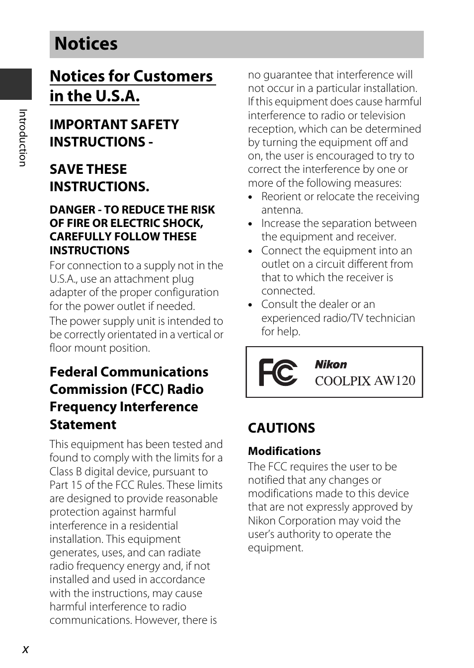 Notices, Notices for customers in the u.s.a | Nikon AW120 User Manual | Page 12 / 270