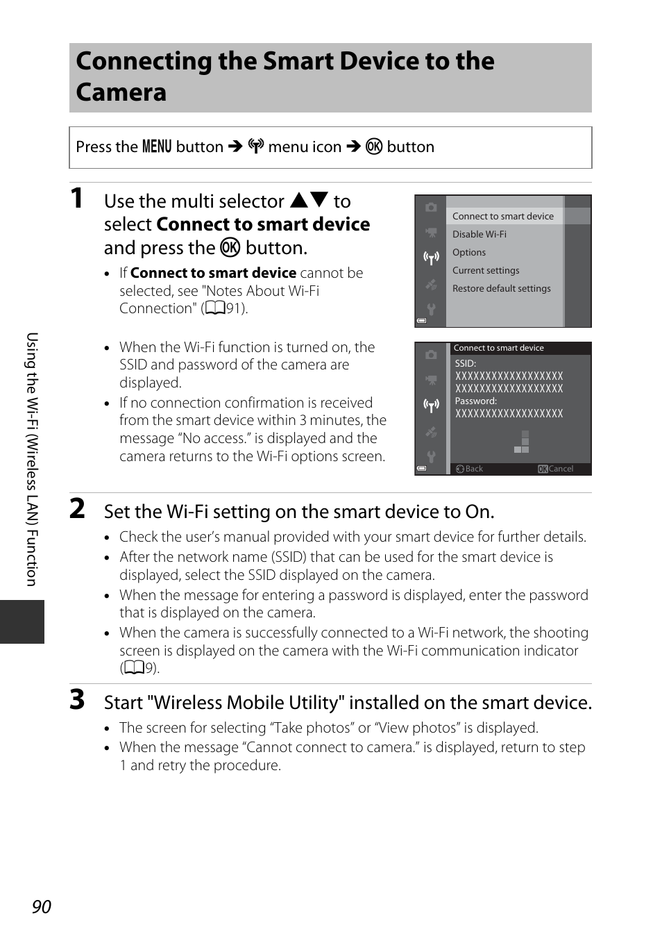 Connecting the smart device to the camera, Set the wi-fi setting on the smart device to on | Nikon AW120 User Manual | Page 120 / 270