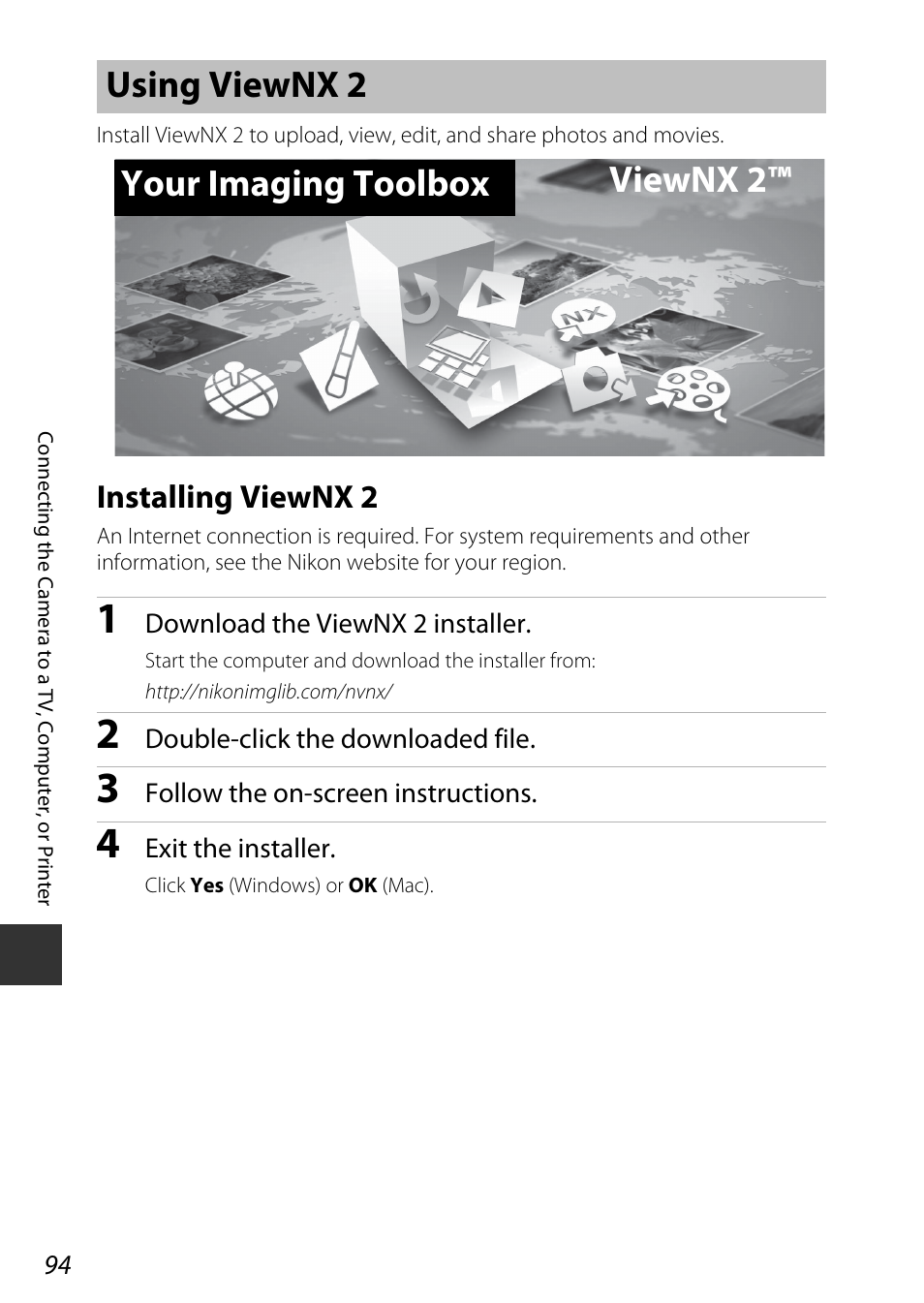 Using viewnx 2, Installing viewnx 2, A94) | Uter, Using viewnx 2 your imaging toolbox viewnx 2 | Nikon AW120 User Manual | Page 124 / 270