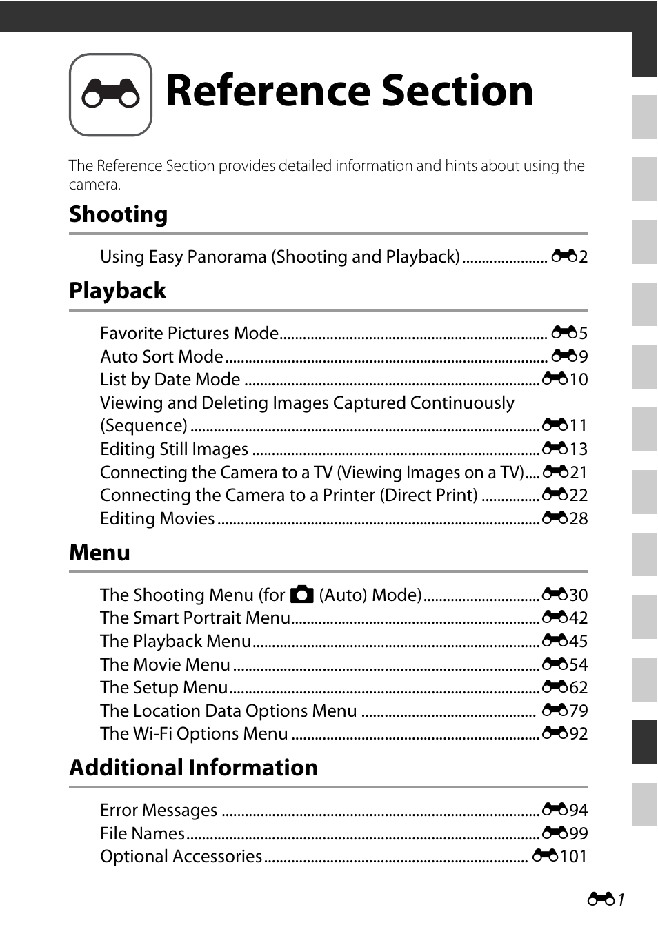 Reference section, Shooting, Playback | Menu, Additional information | Nikon AW120 User Manual | Page 129 / 270