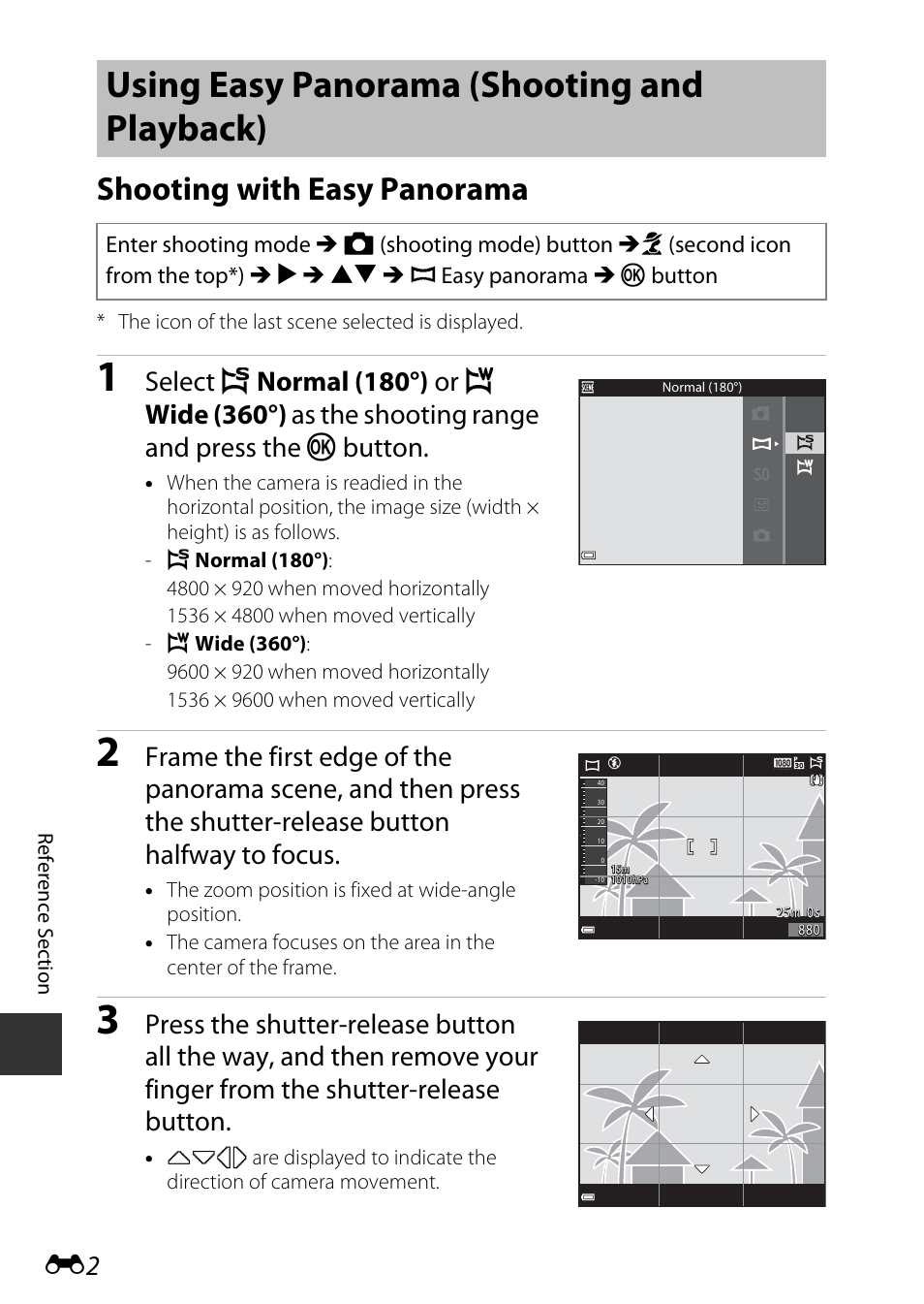 Using easy panorama (shooting and playback), Shooting with easy panorama | Nikon AW120 User Manual | Page 130 / 270
