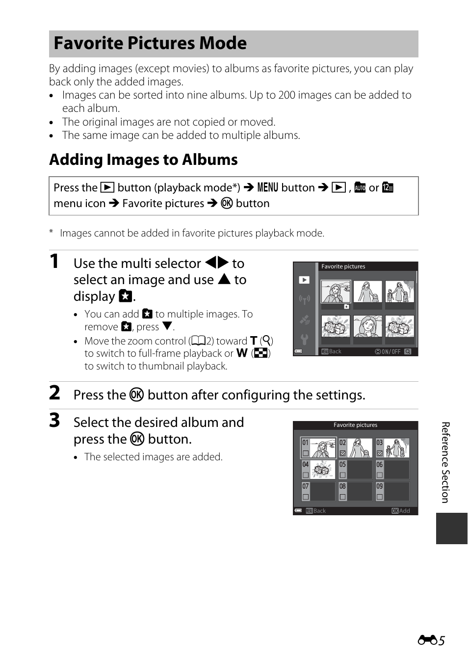 Favorite pictures mode, Adding images to albums, Press the k button after configuring the settings | Select the desired album and press the k button | Nikon AW120 User Manual | Page 133 / 270