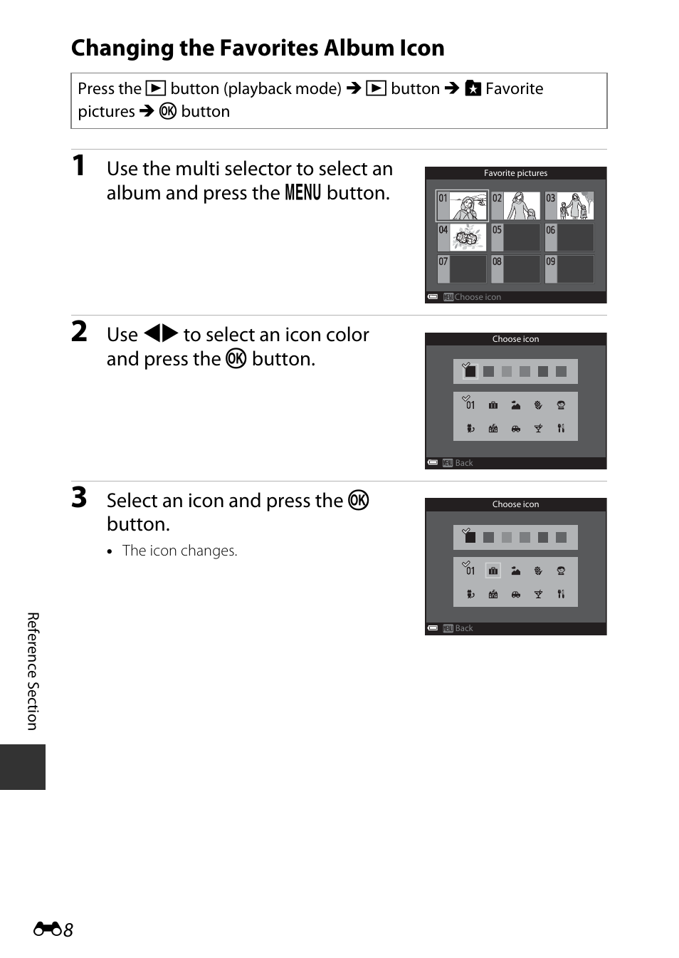 Changing the favorites album icon, Select an icon and press the k button | Nikon AW120 User Manual | Page 136 / 270