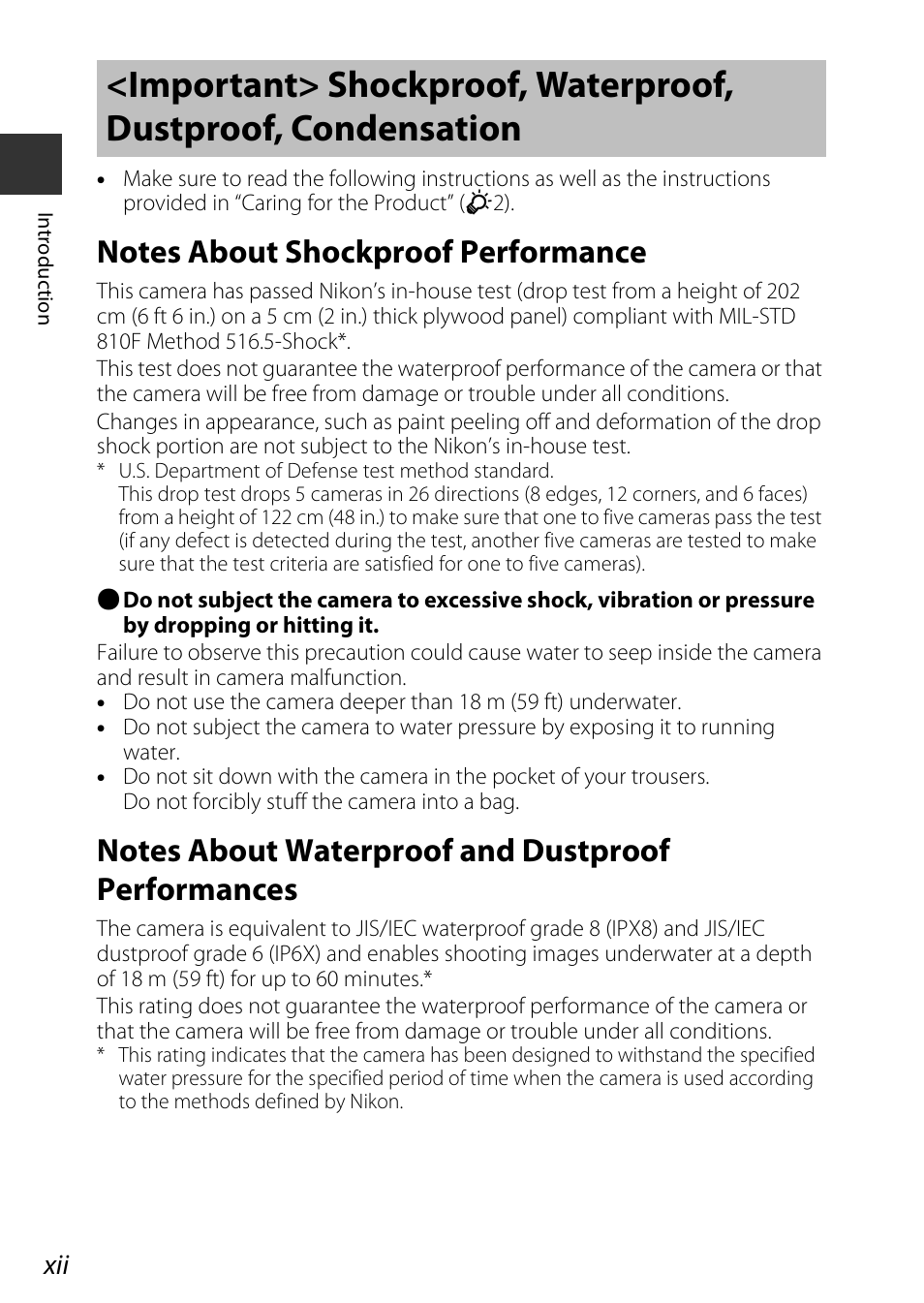 Notes about shockproof performance, Notes about waterproof and dustproof performances, Axii | Nikon AW120 User Manual | Page 14 / 270