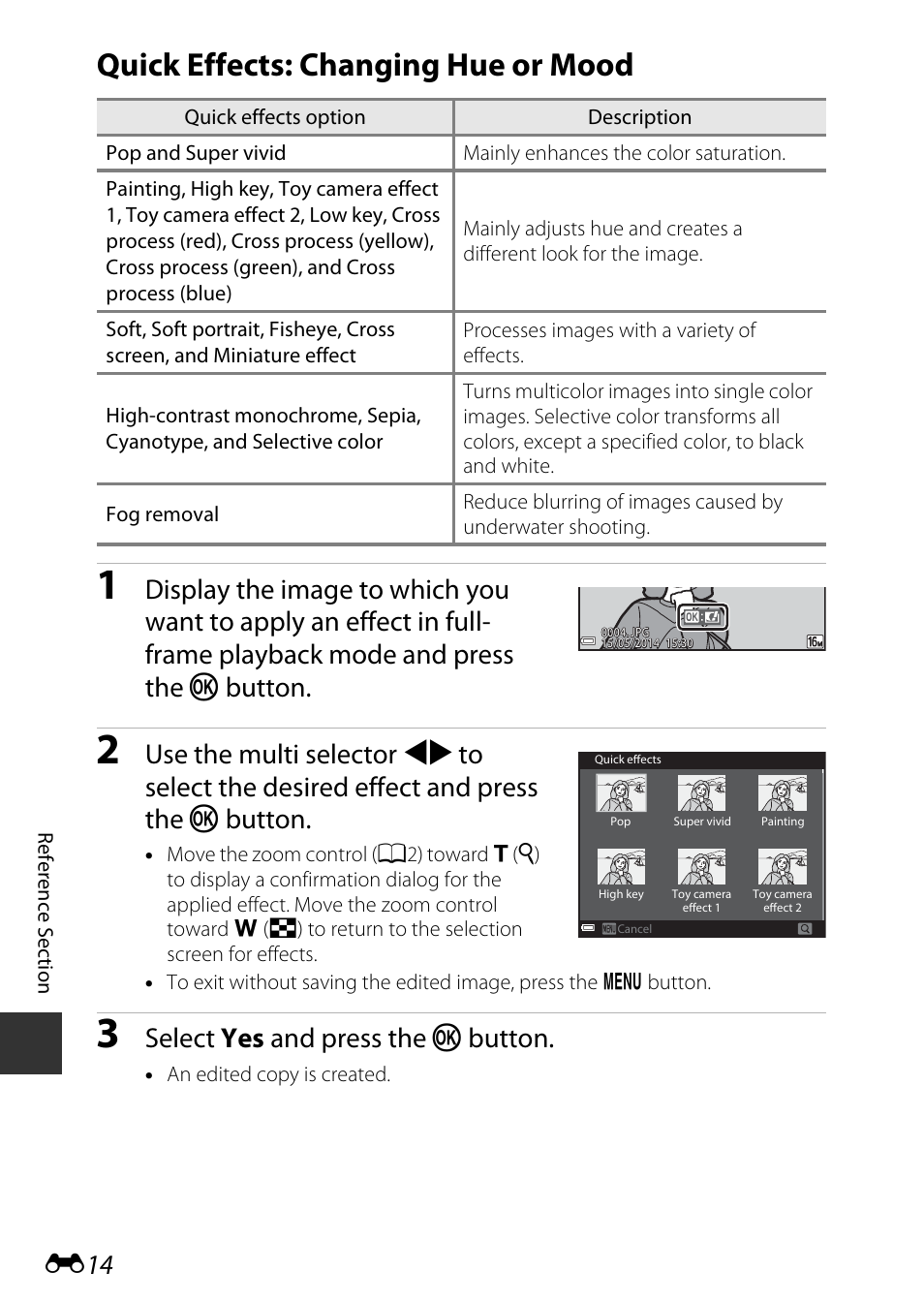 Quick effects: changing hue or mood, Select yes and press the k button | Nikon AW120 User Manual | Page 142 / 270