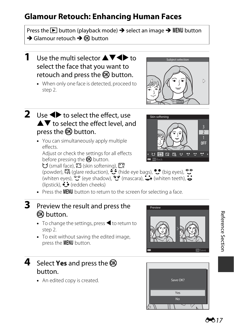 Glamour retouch: enhancing human faces, Preview the result and press the k button, Select yes and press the k button | Nikon AW120 User Manual | Page 145 / 270