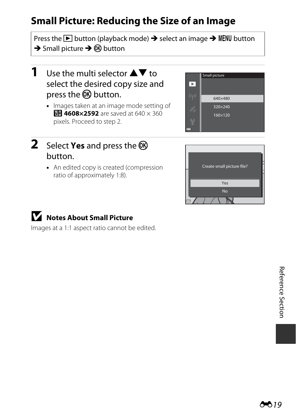 Small picture: reducing the size of an image, Select yes and press the k button | Nikon AW120 User Manual | Page 147 / 270