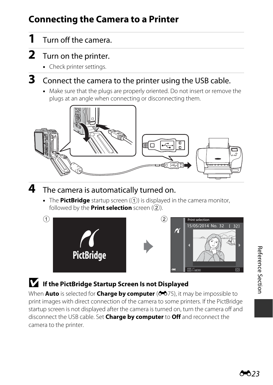 Connecting the camera to a printer, E23) | Nikon AW120 User Manual | Page 151 / 270