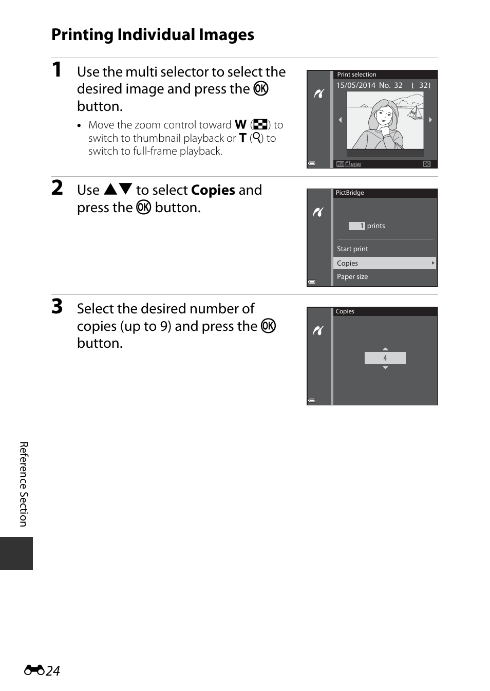 Printing individual images, E24), Use hi to select copies and press the k button | Nikon AW120 User Manual | Page 152 / 270