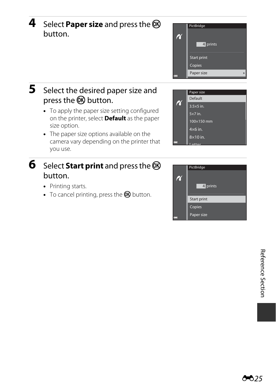 Select paper size and press the k button, Select start print and press the k button | Nikon AW120 User Manual | Page 153 / 270