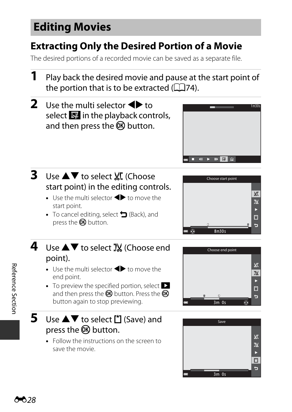 Editing movies, Extracting only the desired portion of a movie | Nikon AW120 User Manual | Page 156 / 270