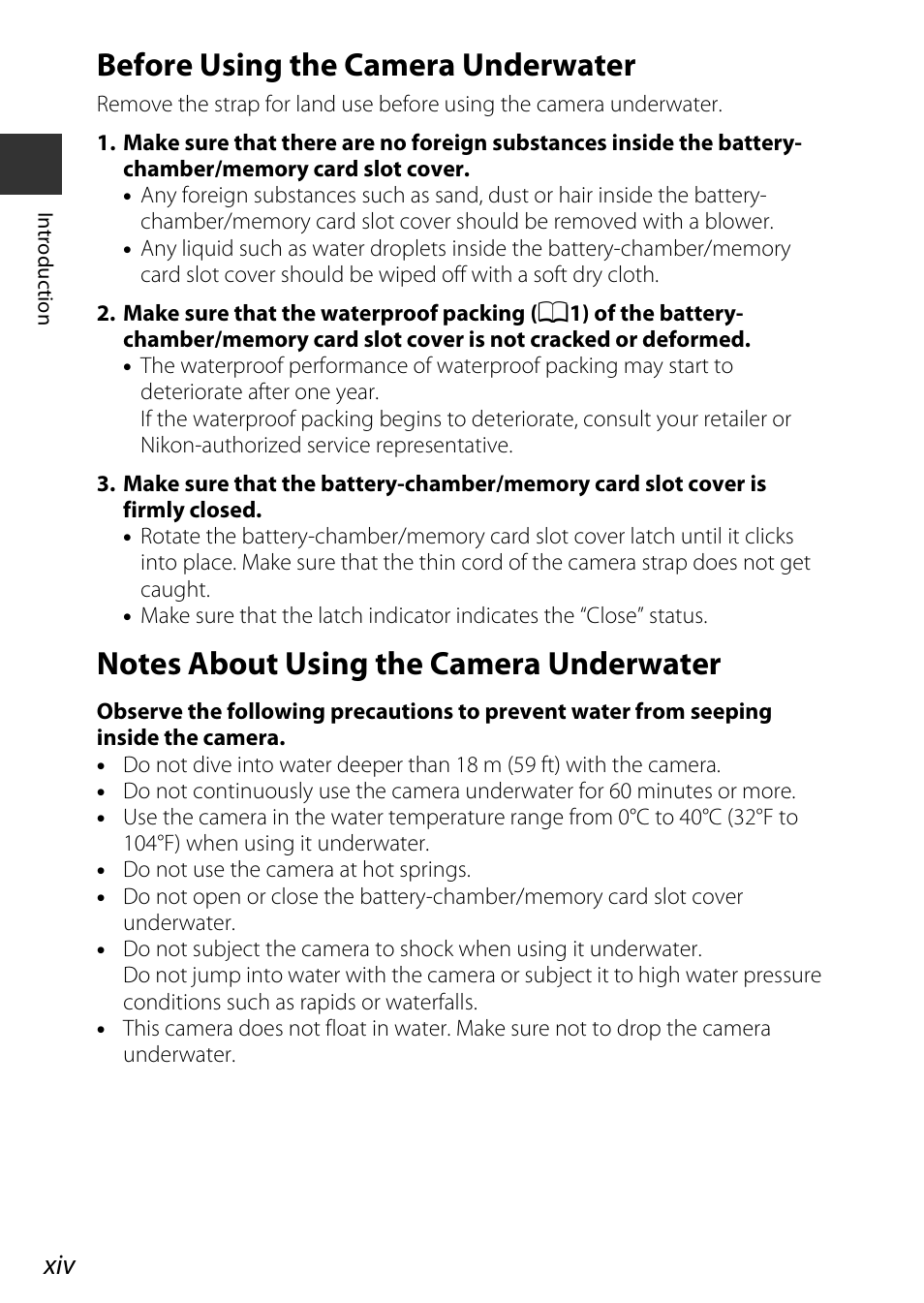 Before using the camera underwater, Notes about using the camera underwater | Nikon AW120 User Manual | Page 16 / 270