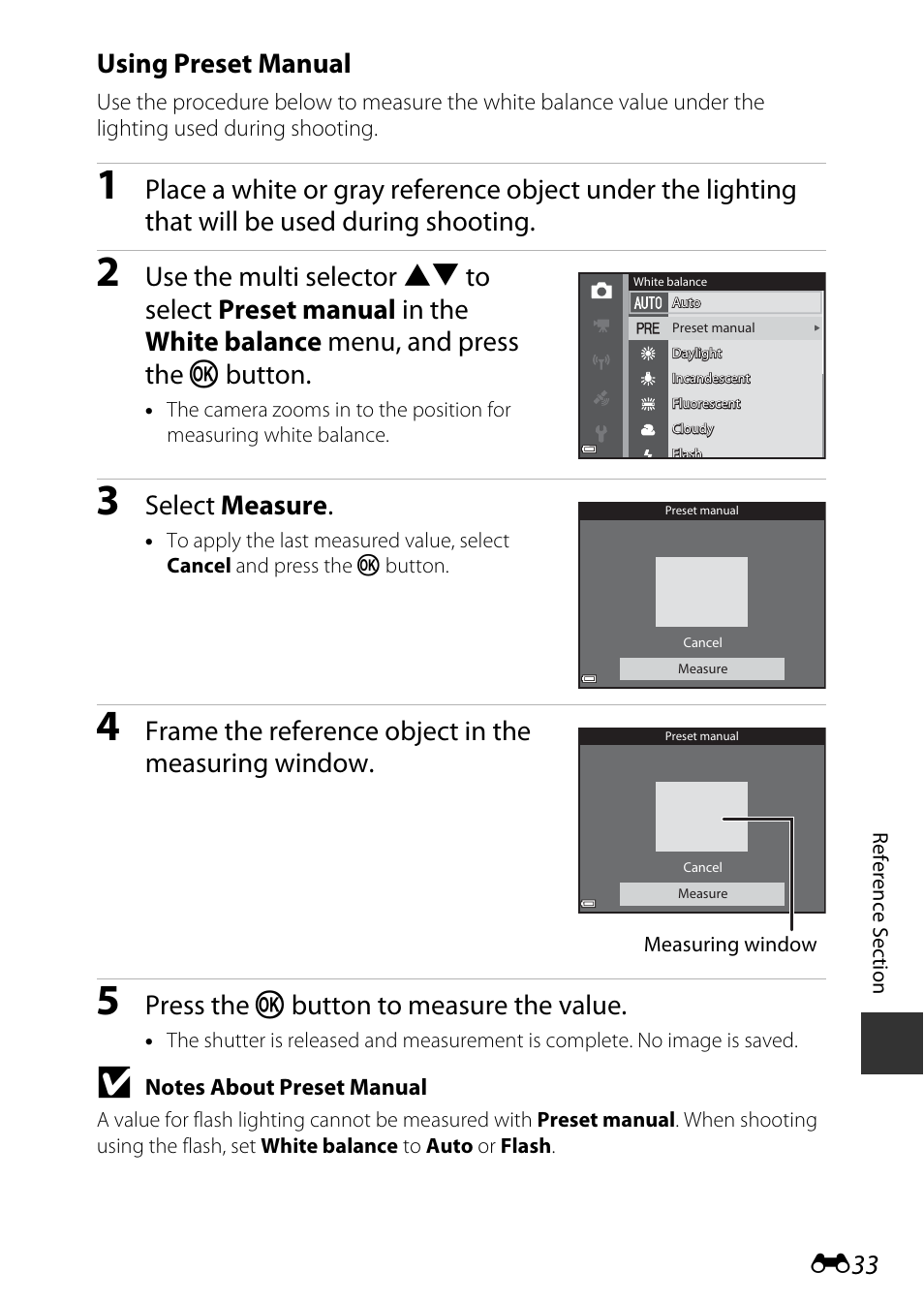 Using preset manual, Select measure, Frame the reference object in the measuring window | Press the k button to measure the value | Nikon AW120 User Manual | Page 161 / 270