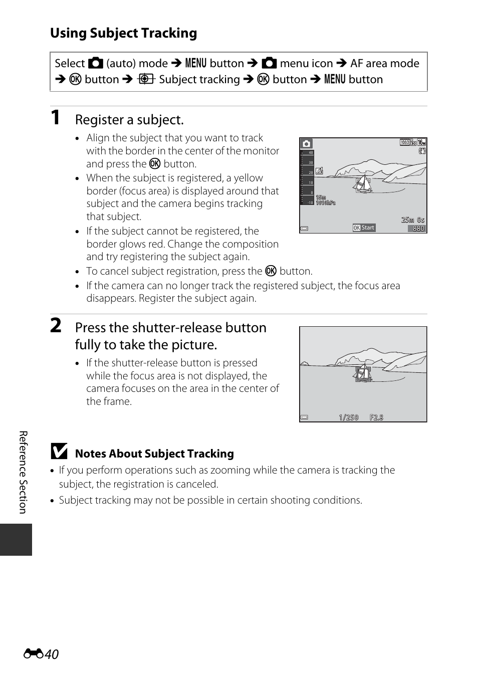 Using subject tracking, E40), Register a subject | Nikon AW120 User Manual | Page 168 / 270