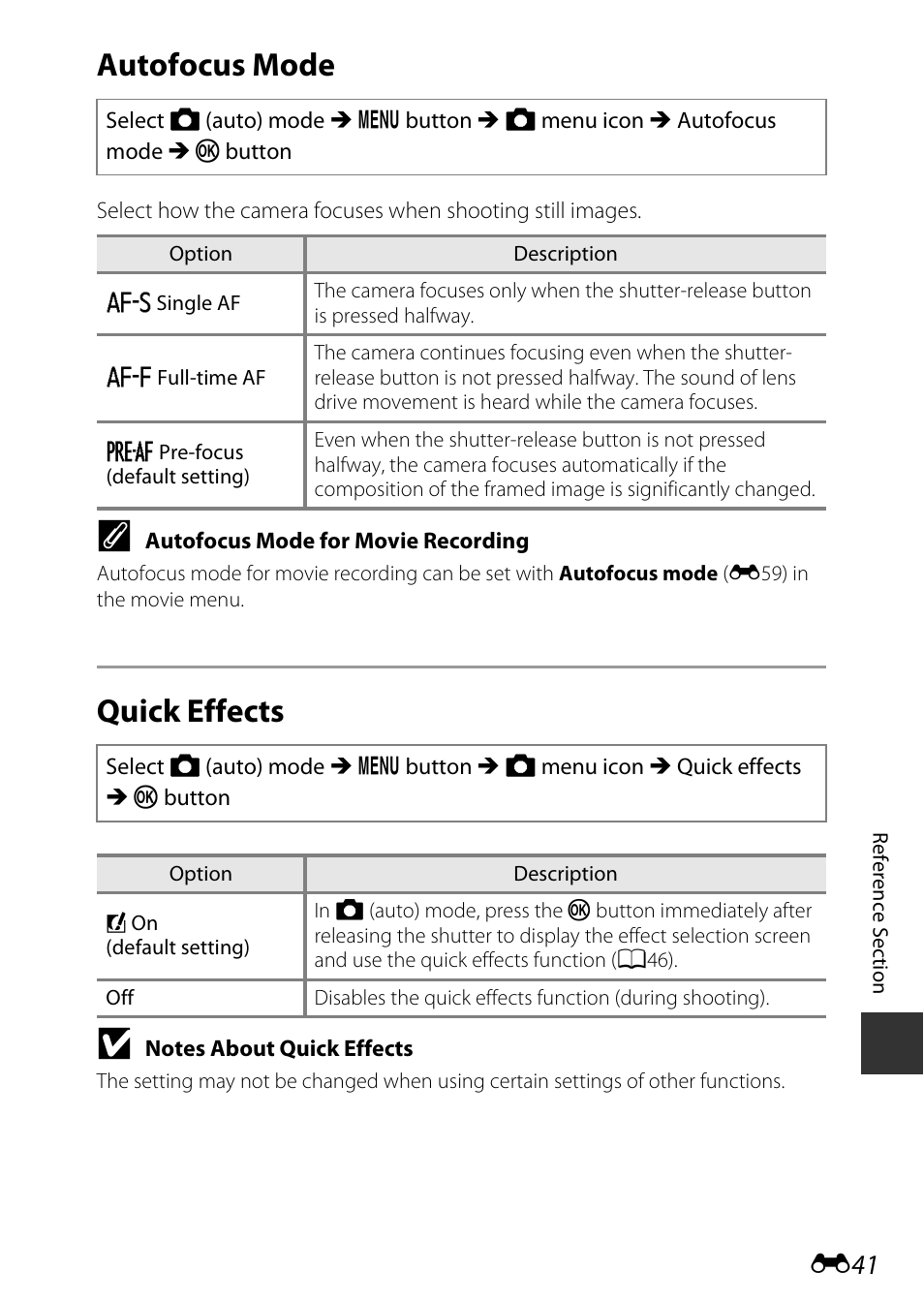 Autofocus mode, Quick effects | Nikon AW120 User Manual | Page 169 / 270