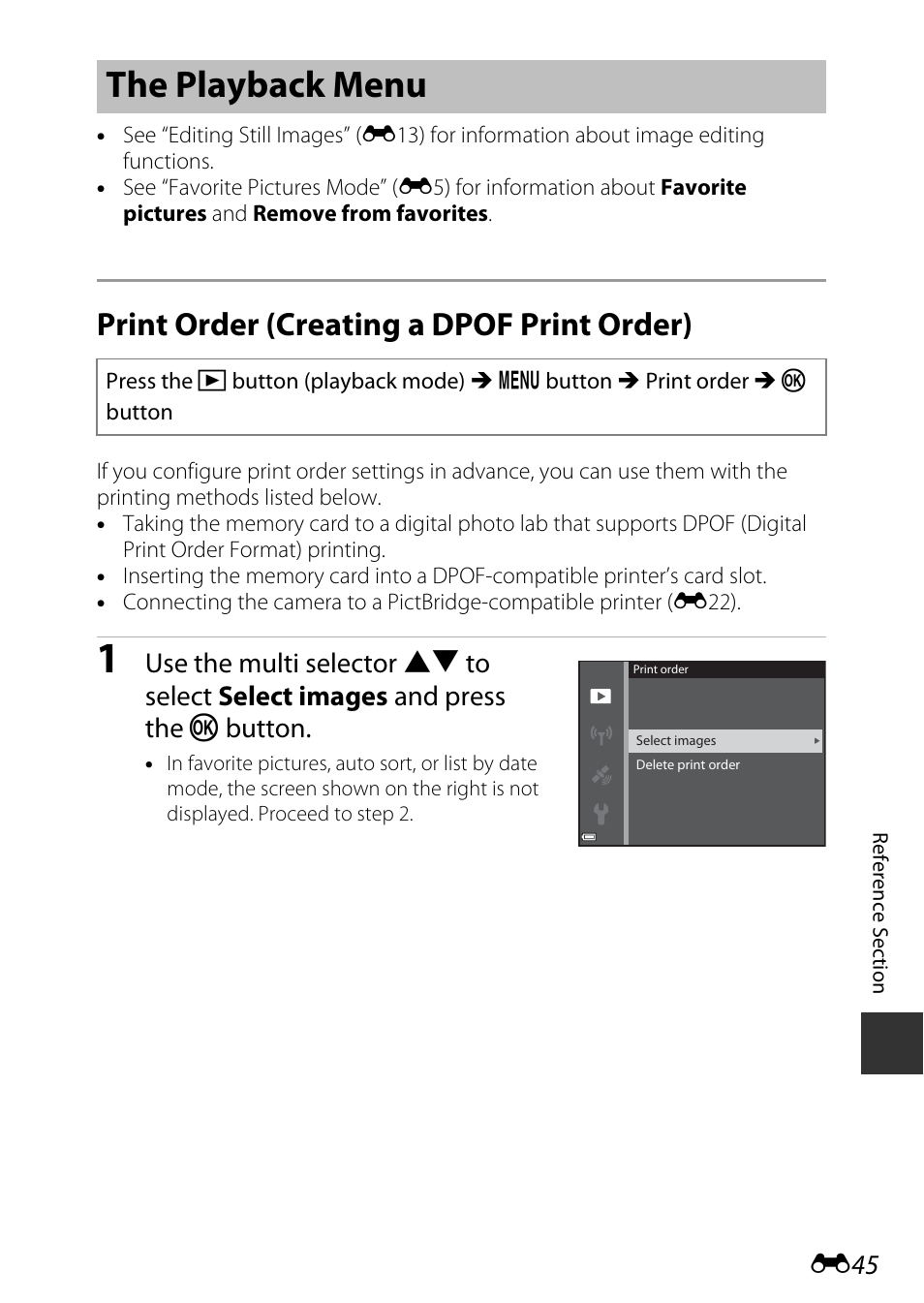 The playback menu, Print order (creating a dpof print order), E45) | Nikon AW120 User Manual | Page 173 / 270