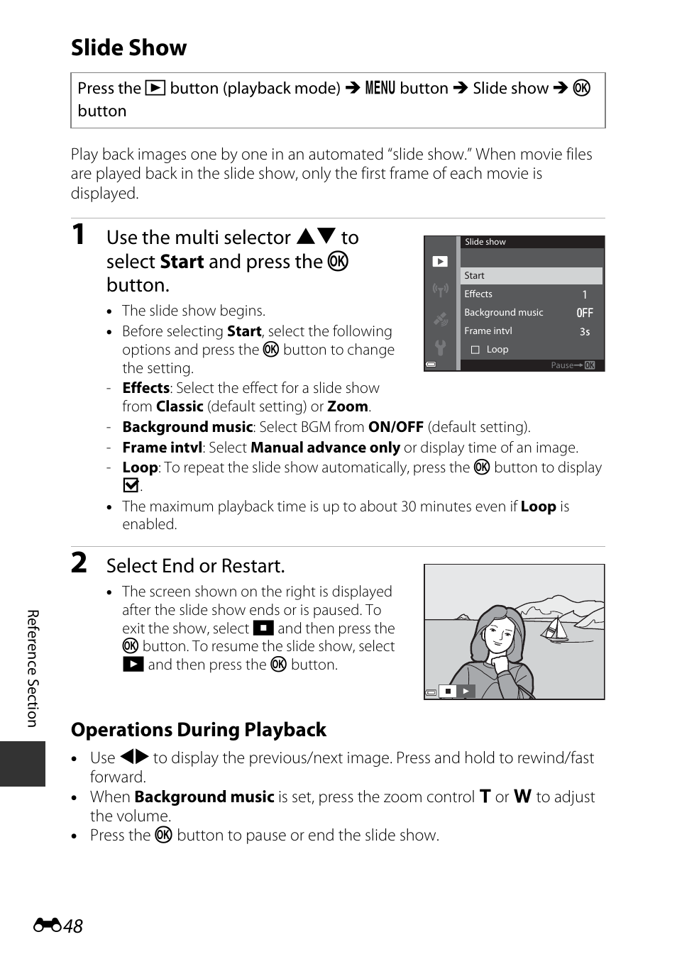 Slide show, Select end or restart, Operations during playback | Nikon AW120 User Manual | Page 176 / 270