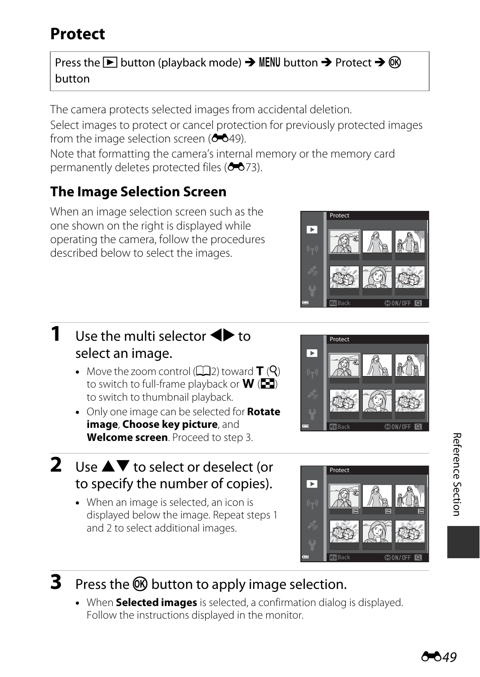 Protect, The image selection screen, Use the multi selector jk to select an image | Press the k button to apply image selection | Nikon AW120 User Manual | Page 177 / 270