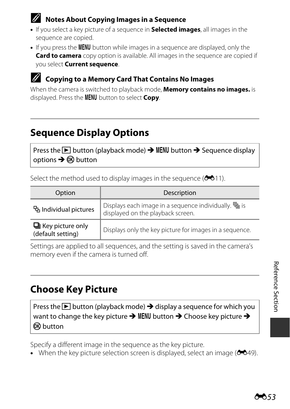 Sequence display options, Choose key picture | Nikon AW120 User Manual | Page 181 / 270