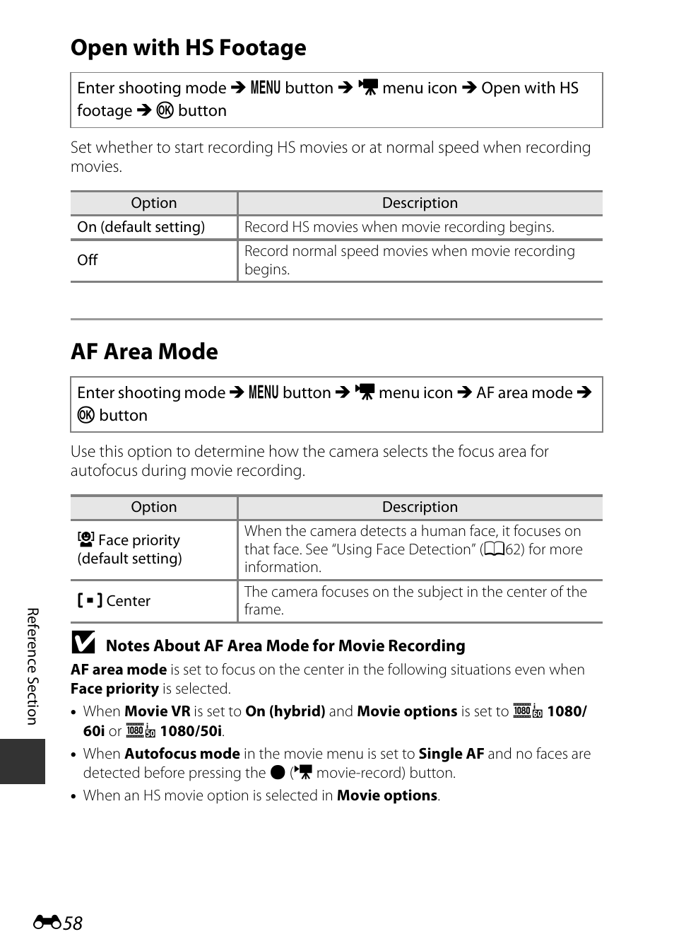 Open with hs footage, Af area mode | Nikon AW120 User Manual | Page 186 / 270