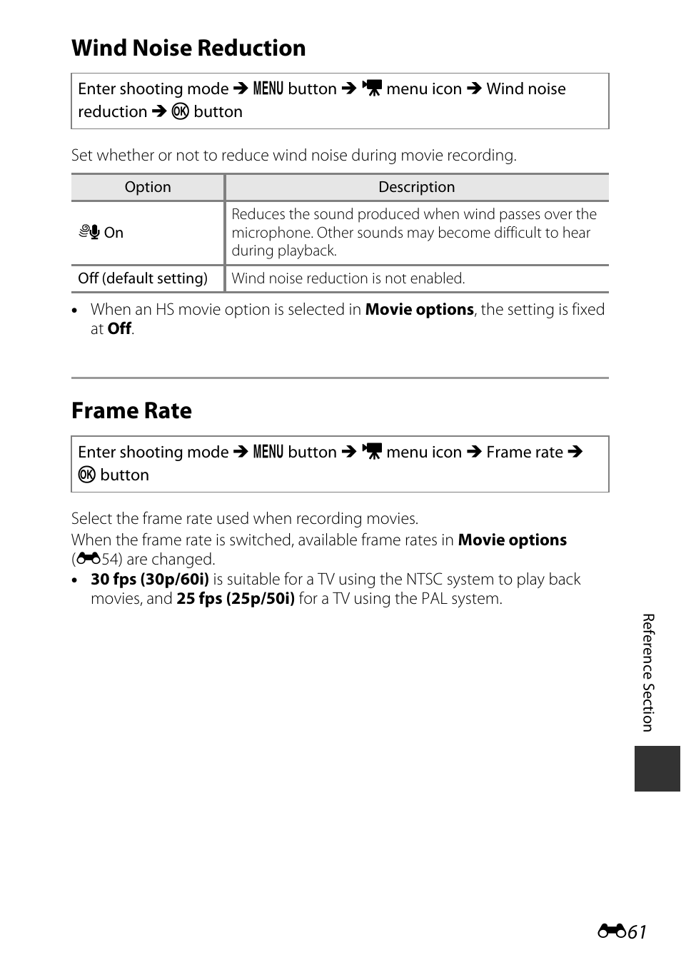 Wind noise reduction, Frame rate, E61) | Nikon AW120 User Manual | Page 189 / 270