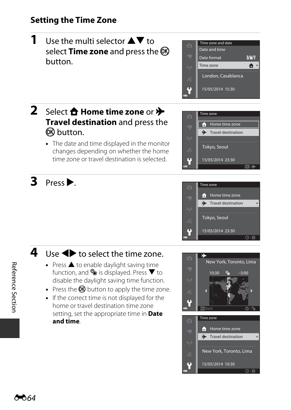 Setting the time zone, Press k, Use jk to select the time zone | Nikon AW120 User Manual | Page 192 / 270